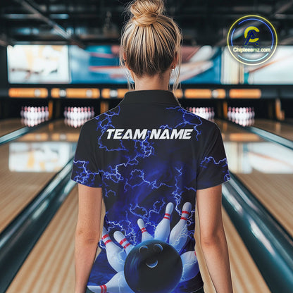 Custom Electric Blue Thunder Lightning Women Bowling Polo Team Shirts, Bowling Jerseys IPHW9504