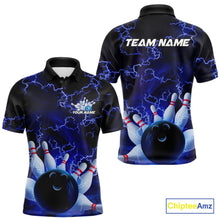 Load image into Gallery viewer, Custom Electric Blue Thunder Lightning Men Bowling Polo Team Shirts, Bowling Jerseys IPHW9504