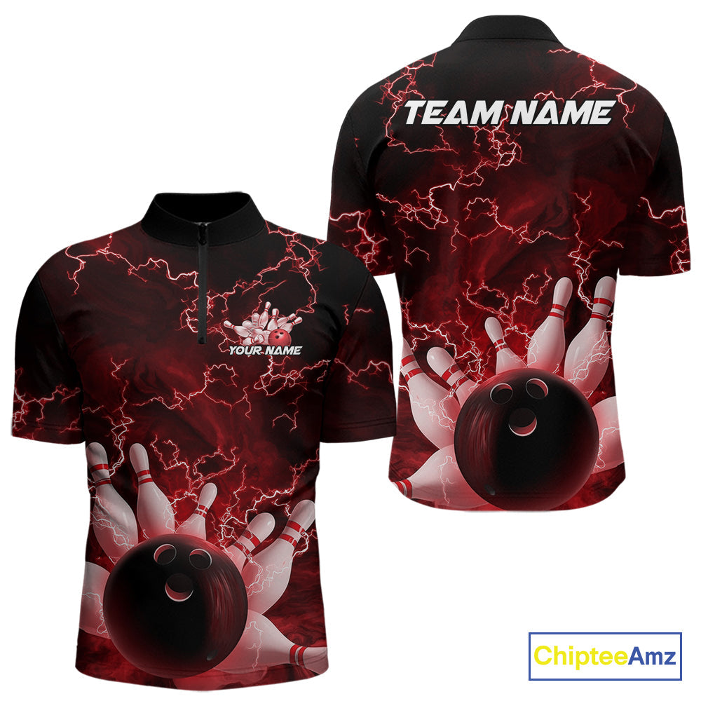 Custom Red Thunder Lightning Men Bowling Quarter-Zip Team Shirts, Bowling Jerseys IPHW9505