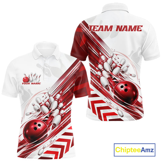 White short-sleeve bowling-themed polo shirt shown from the front and back, featuring red and white bowling pin and ball graphics, with customizable text areas reading TEAM NAME and YOUR NAME. A ChipteeAmz logo appears in the bottom right corner.