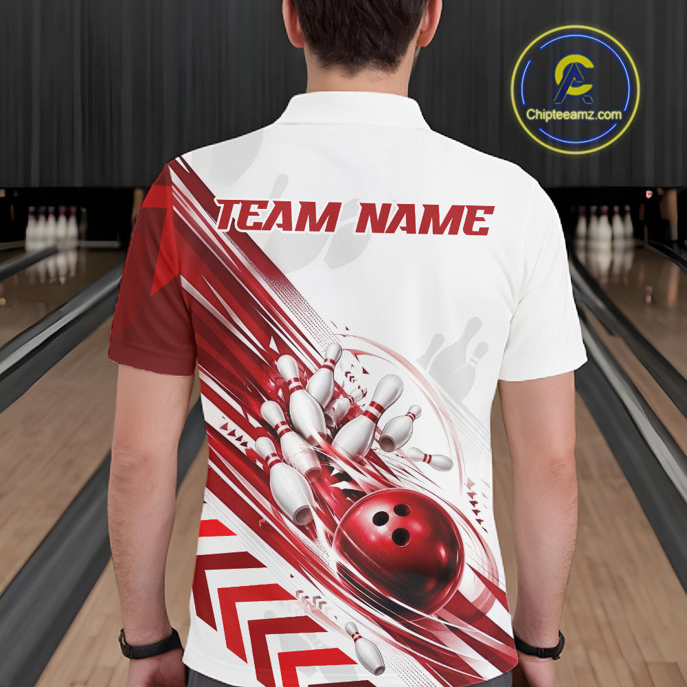 Custom White And Red Motion Speed Bowling Team Men Polo Shirt, Bowling Jerseys IPHW11646