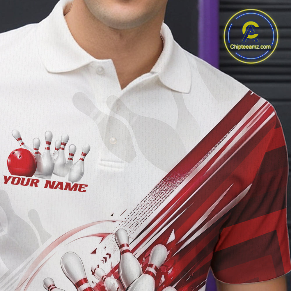 Custom White And Red Motion Speed Bowling Team Men Polo Shirt, Bowling Jerseys IPHW11646