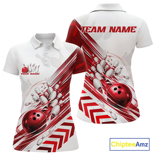 White short-sleeve polo shirt shown from the front and back, featuring a red and white bowling-themed graphic print with bowling balls, pins, and the text 'TEAM NAME' and 'YOUR NAME'.