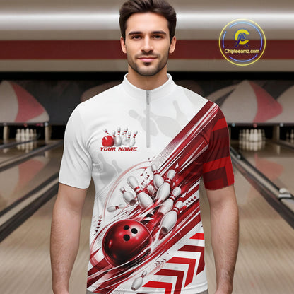 Custom White And Red Motion Speed Bowling Team Men Quarter Zip Shirt, Bowling Jerseys IPHW11646