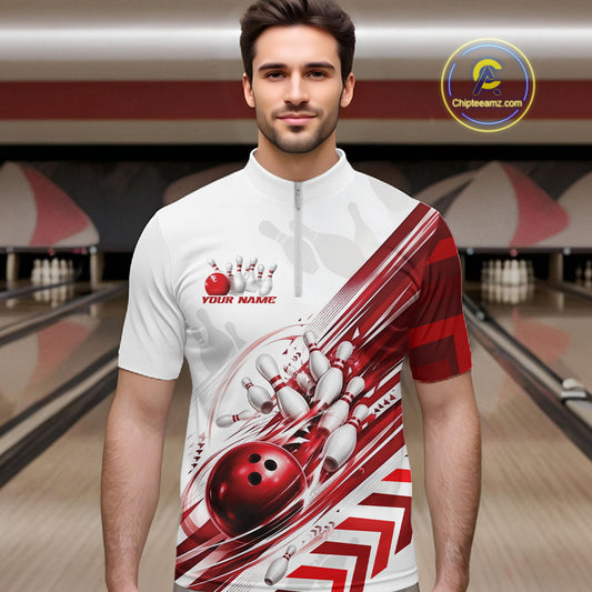 A man wearing a white and red bowling-themed short-sleeve quarter-zip shirt with bowling pins, balls, and dynamic graphic stripes. The background shows a blurred bowling alley with lanes and pins.