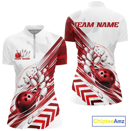 Custom White And Red Motion Speed Bowling Team Women Quarter-Zip Shirt, Bowling Jerseys IPHW11646