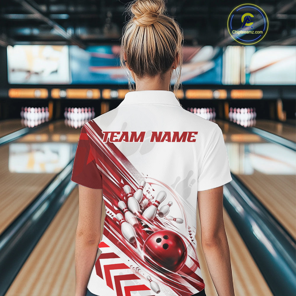 Custom White And Red Motion Speed Bowling Team Women Quarter-Zip Shirt, Bowling Jerseys IPHW11646