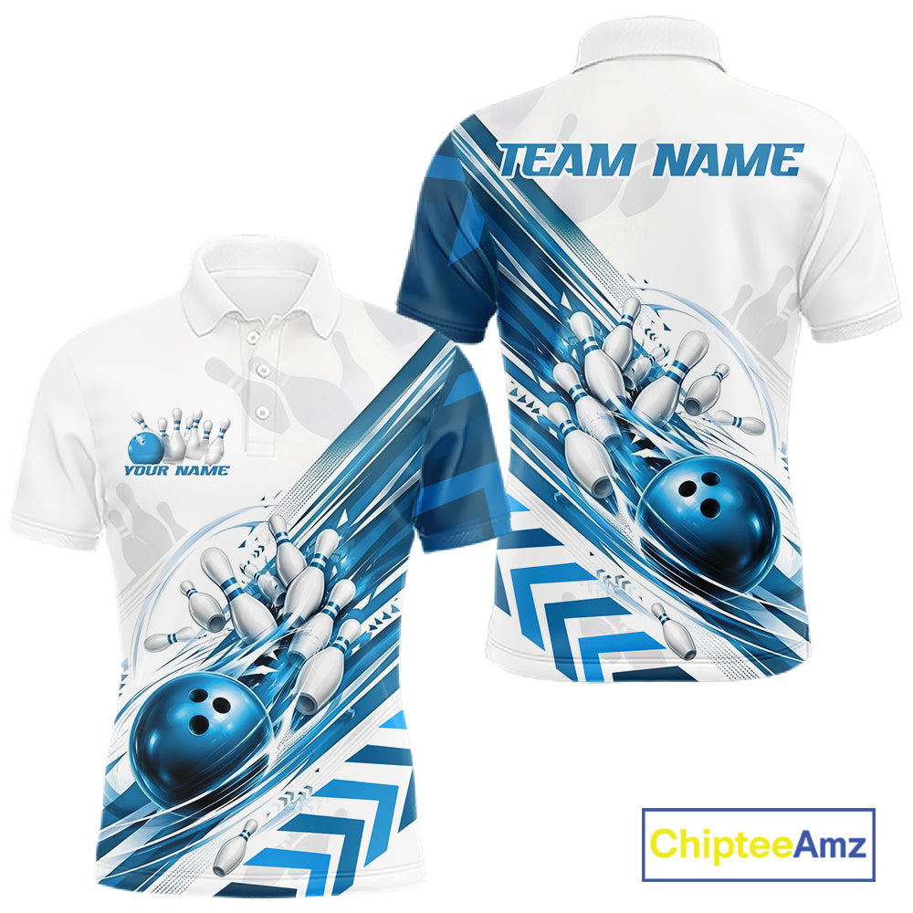 Custom White And Blue Motion Speed Bowling Team Men Polo Shirt, Bowling Jerseys IPHW11647