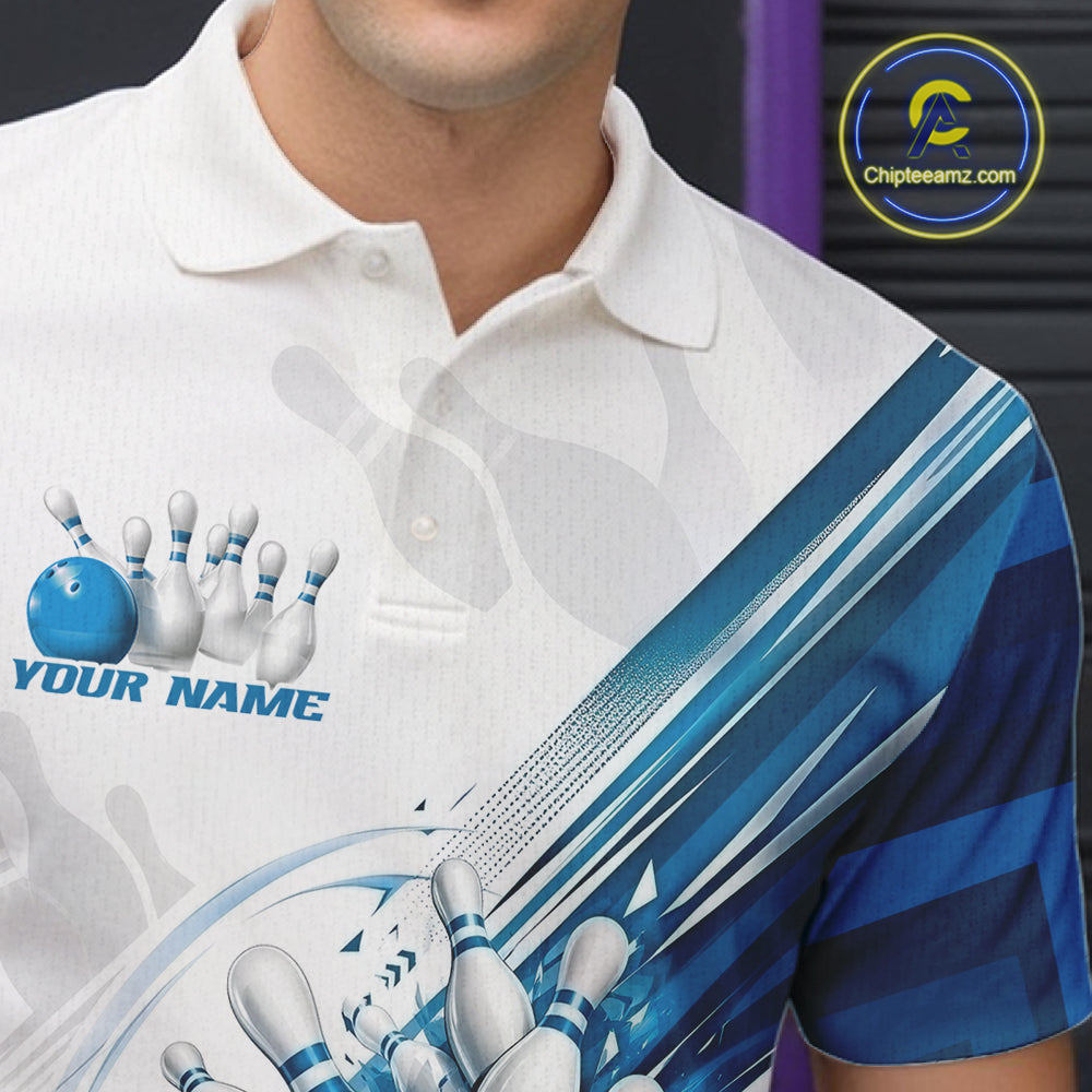 Custom White And Blue Motion Speed Bowling Team Men Polo Shirt, Bowling Jerseys IPHW11647