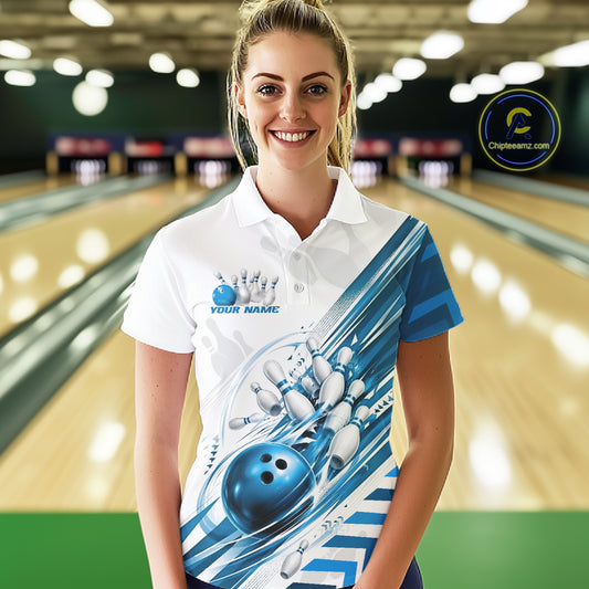 Custom White And Blue Motion Speed Bowling Team Women Polo Shirt, Bowling Jerseys IPHW11647