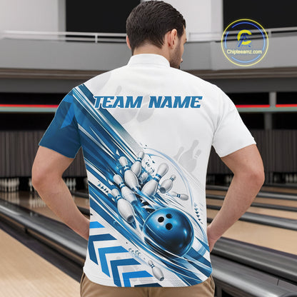 Custom White And Blue Motion Speed Bowling Team Men Quarter Zip Shirt, Bowling Jerseys IPHW11647