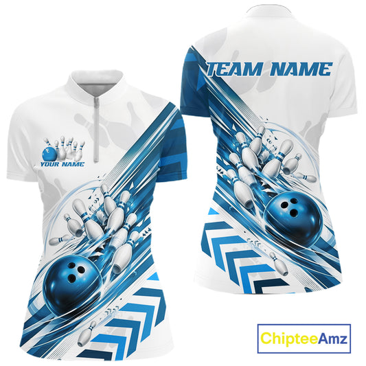 Custom White And Blue Motion Speed Bowling Team Women Quarter-Zip Shirt, Bowling Jerseys IPHW11647