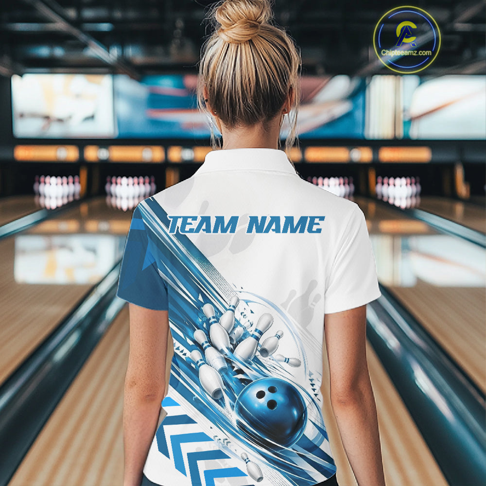 Custom White And Blue Motion Speed Bowling Team Women Quarter-Zip Shirt, Bowling Jerseys IPHW11647