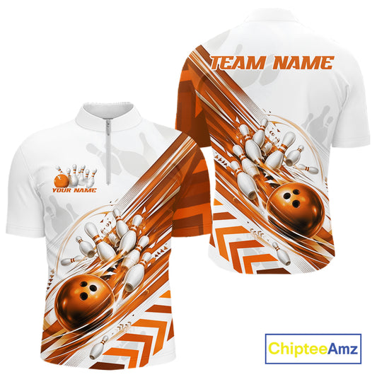 Custom White And Orange Motion Speed Bowling Team Men Quarter Zip Shirt, Bowling Jerseys IPHW11648