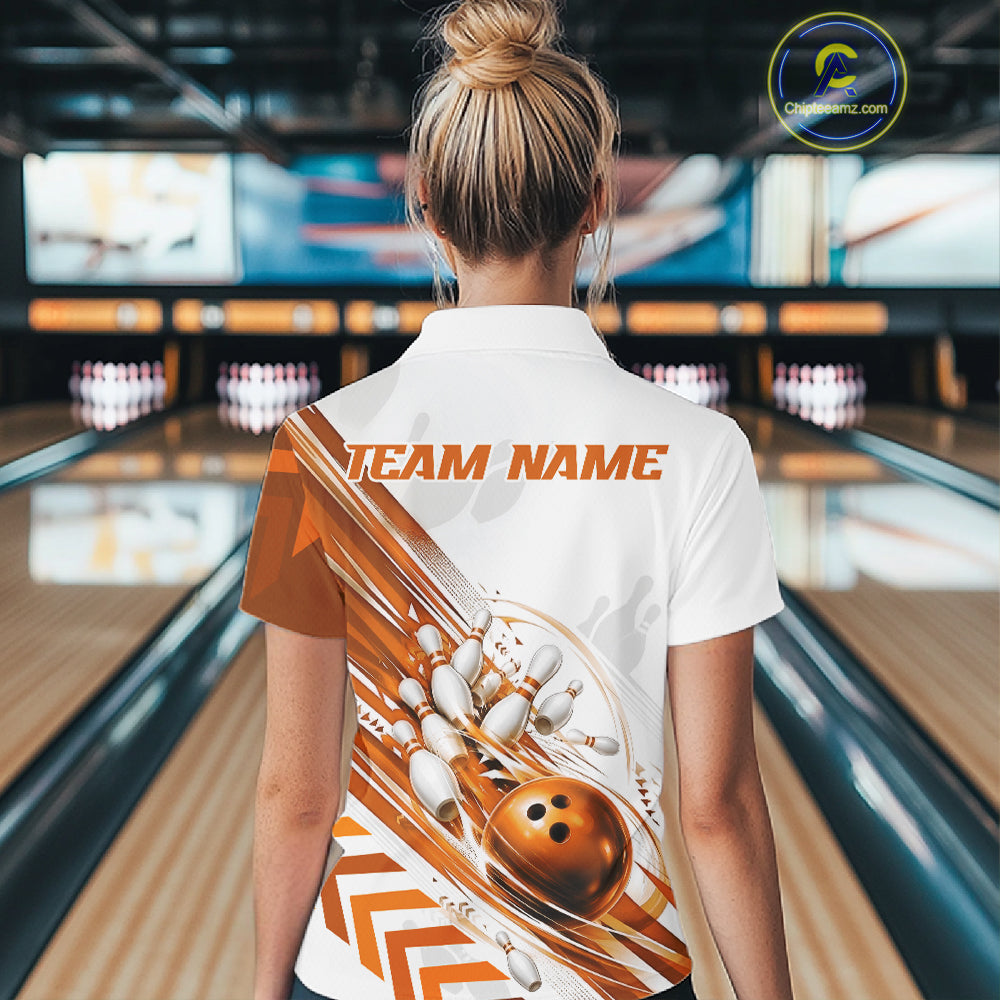 Custom Orange Motion Speed Bowling Team Women Quarter-Zip Shirt, Bowling Jerseys IPHW11648