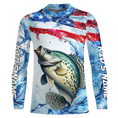Personalized Patriotic Crappie Long Sleeve Fishing Shirts, American Flag Fishing Shirts IPHW7187