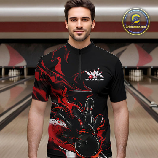 Custom Black And Red Camo Flame Bowling Team Quarter-Zip Shirts For Men, Bowling Jerseys IPHW9877
