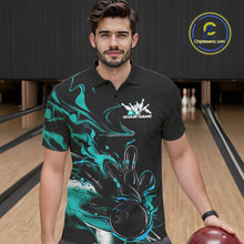 Load image into Gallery viewer, Custom Black And Turquoise Blue Camo Flame Bowling Team Men Polo Shirts, Bowling Jerseys IPHW9878