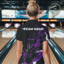Load image into Gallery viewer, Custom Black And Purple Camo Flame Bowling Team Polo Shirts For Women, Bowling Jerseys IPHW9879