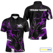 Load image into Gallery viewer, Custom Black And Purple Camo Flame Bowling Team Polo Shirts For Men, Bowling Jerseys IPHW9879