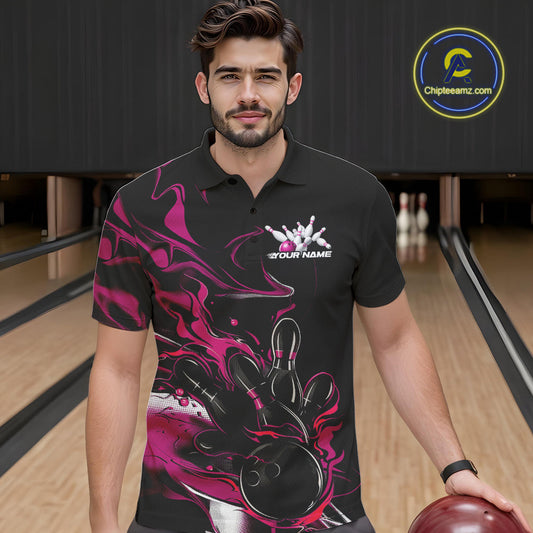 Custom Black And Pink Camo Flame Bowling Team Polo Shirts For Men, Bowling Jerseys IPHW9880