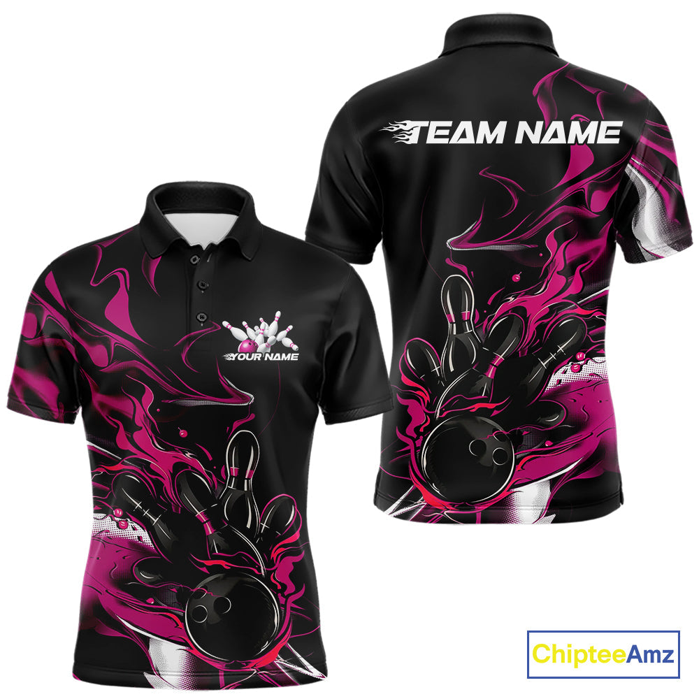 Custom Black And Pink Camo Flame Bowling Team Polo Shirts For Men, Bowling Jerseys IPHW9880