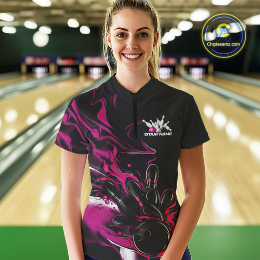 Custom Black And Pink Camo Flame Bowling Team Women Quarter-Zip Shirts, Bowling Jerseys IPHW9880