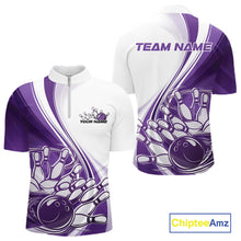 Load image into Gallery viewer, Custom White And Purple Classic Retro Style Men Quarter-Zip Bowling Tournament Shirt IPHW11325