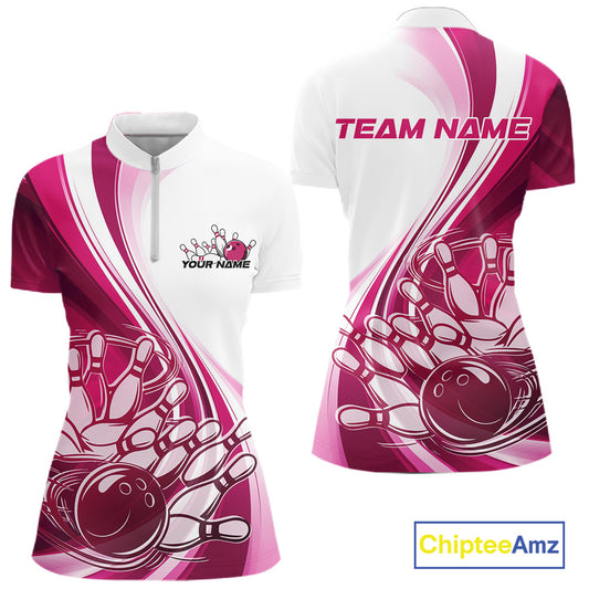 Front and back view of a women s white and pink bowling quarter zip featuring dynamic sweeping curves and a bowling ball crashing into pins artwork.