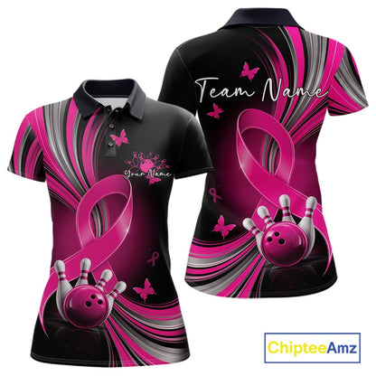 Front and back mockup of a women's black and pink bowling polo featuring breast cancer awareness ribbons, small butterflies, and bowling artwork