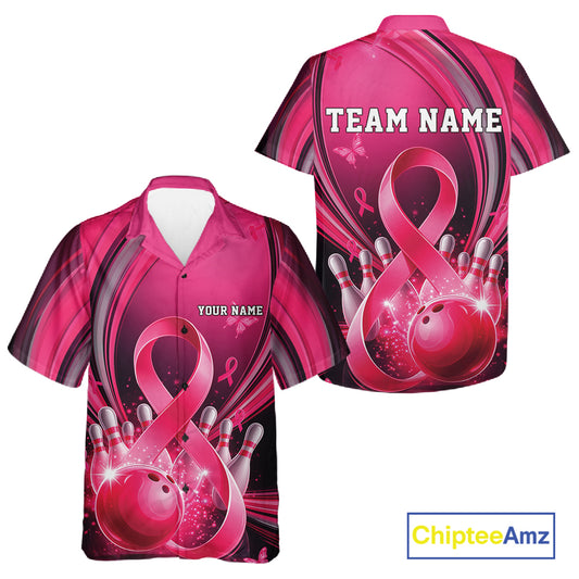 Front and back button-up bowling shirt mockup in pink and black with breast cancer awareness ribbons and bowling graphics