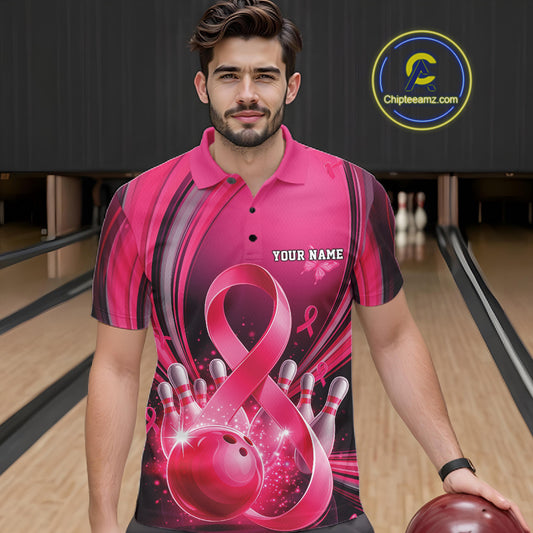 Front view of a male model in a pink and black bowling polo with breast cancer awareness ribbons and bowling-themed graphics