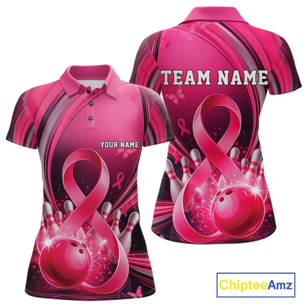 Front and back mockup of a women's pink and black bowling polo showcasing breast cancer awareness ribbon graphics and bowling artwork