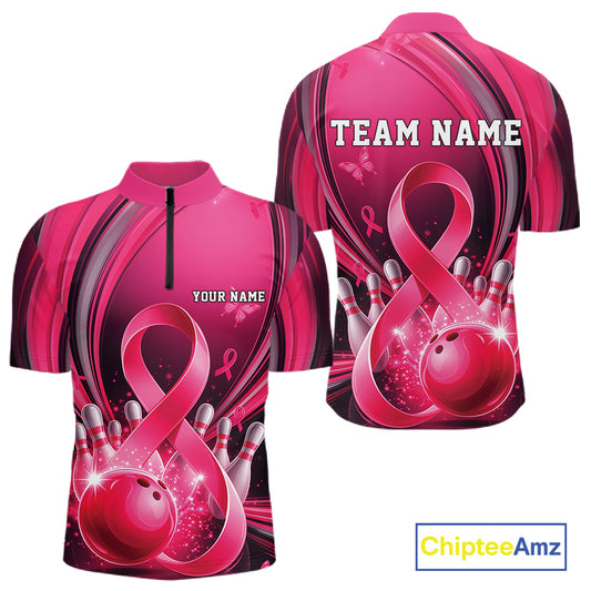 Front and back mockup of a men's pink and black bowling quarter zip featuring breast cancer awareness ribbon artwork and bowling graphics