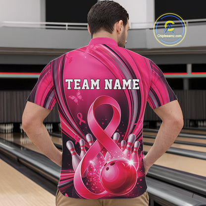 Front view of a male model in a pink and black bowling quarter zip featuring breast cancer awareness ribbons and bowling graphics