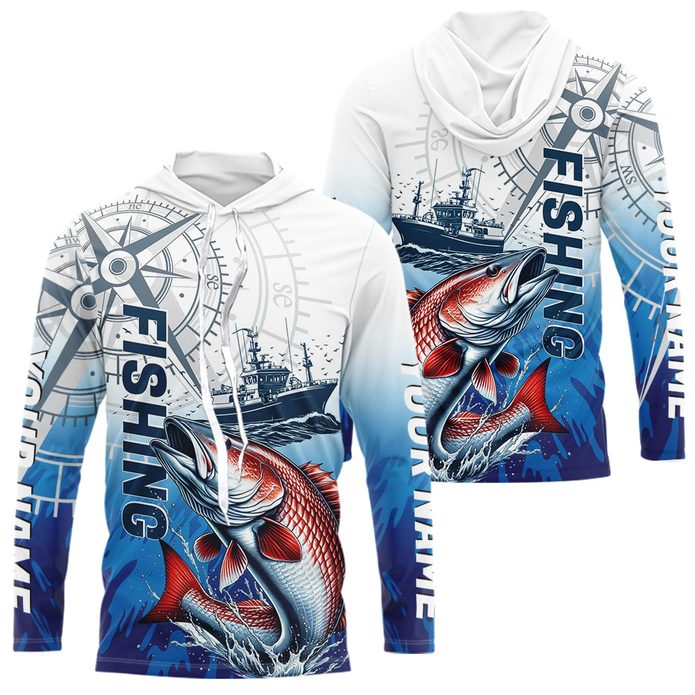 Custom Redfish Puppy Drum Fishing Saltwater Long Sleeve Hooded Performance Shirts IPHW9157