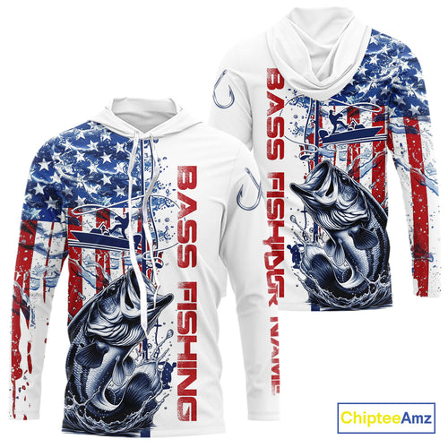 Custom Patriotic Largemouth Bass Long Sleeve Hooded Fishing Shirts, US Flag Fishing Jersey IPHW9161