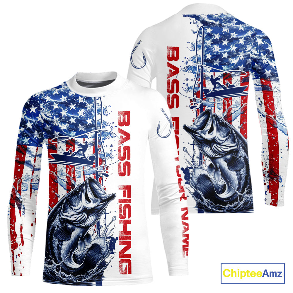 Custom Patriotic Largemouth Bass Kid Long Sleeve Fishing Shirts, Watercolor US Flag Fishing Jersey IPHW9161