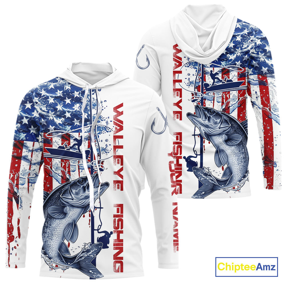 Custom Patriotic Walleye Long Sleeve Hooded Fishing Shirts, Watercolor US Flag Fishing Jersey IPHW9162