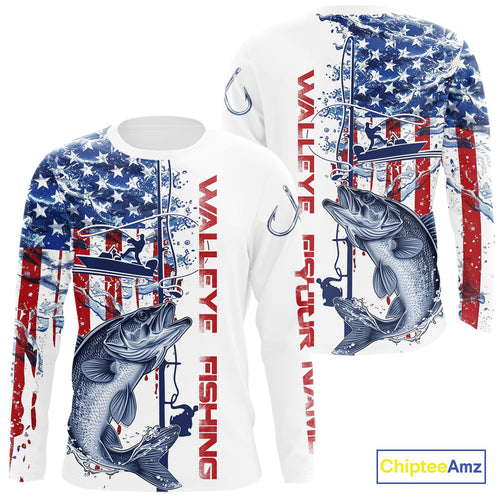 Custom Patriotic Walleye Long Sleeve Fishing Shirts, Watercolor US Flag Fishing Jersey IPHW9162
