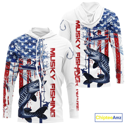 Custom Patriotic Musky Long Sleeve Hooded Fishing Shirt, Watercolor US Flag Muskie Fishing Jersey IPHW9163