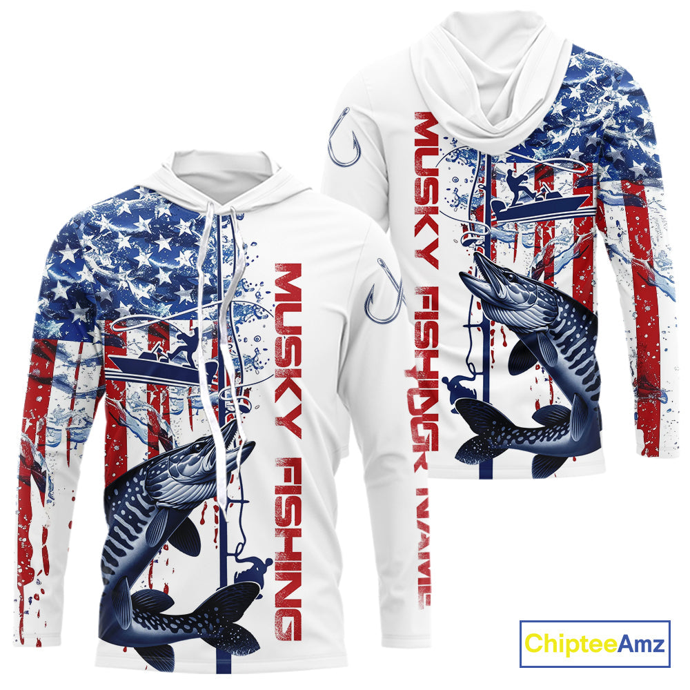 Custom Patriotic Musky Long Sleeve Hooded Fishing Shirt, Watercolor US Flag Muskie Fishing Jersey IPHW9163