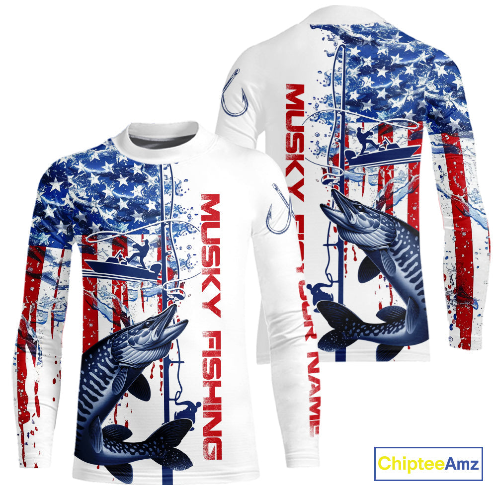 Custom Patriotic Musky Kid Long Sleeve Fishing Shirts, Watercolor US Flag Muskie Fishing Jersey IPHW9163