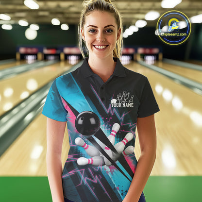 Custom Blue And Pink Synthwave Style Bowling Women Polo Shirt, Team Bowling League Shirt IPHW9514
