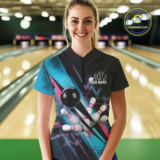 Custom Blue Pink Synthwave Style Bowling Women Quarter-Zip Shirt, Bowling League Shirt IPHW9514