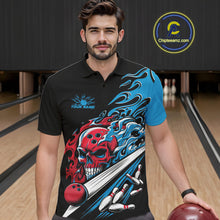 Load image into Gallery viewer, Custom Blue And Red Flame Skull Bowling Polo Shirt For Men, Halloween Bowling Jersey IPHW9888