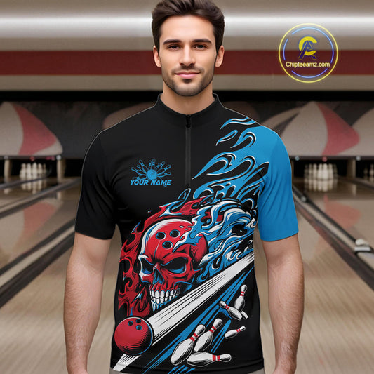 Custom Blue And Red Flame Skull Bowling Quarter-Zip Shirt For Men, Halloween Bowling Jersey IPHW9888