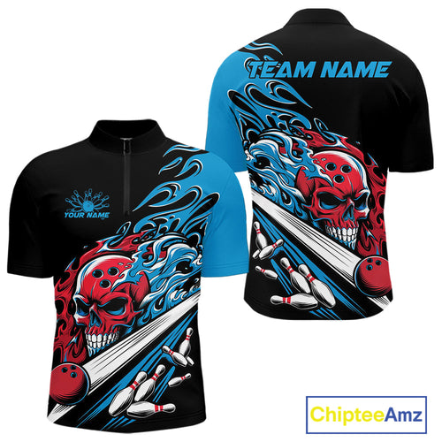 Custom Blue And Red Flame Skull Bowling Quarter-Zip Shirt For Men, Halloween Bowling Jersey IPHW9888