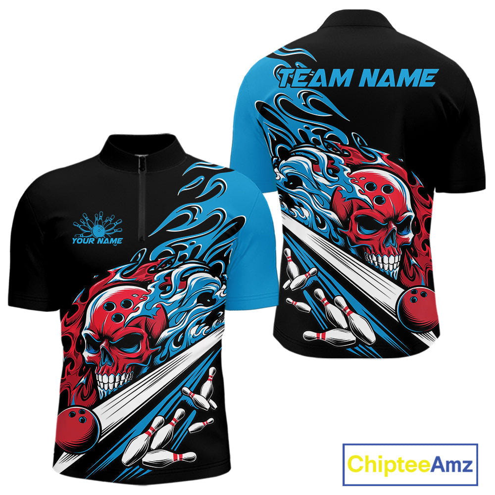 Custom Blue And Red Flame Skull Bowling Quarter-Zip Shirt For Men, Halloween Bowling Jersey IPHW9888