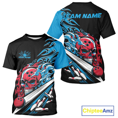 Custom Blue And Red Flame Skull Bowling T-Shirts For Men, Halloween Bowling Jersey IPHW9888